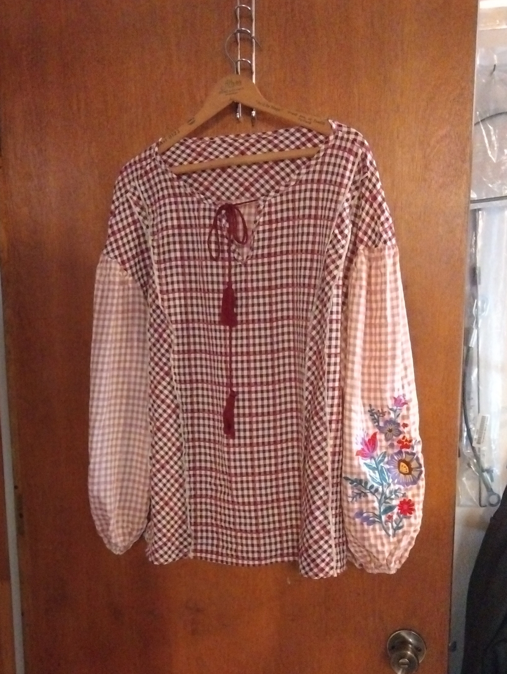 Embroidered Gingham Tie-Front Peasant Top - Burgundy/Peach